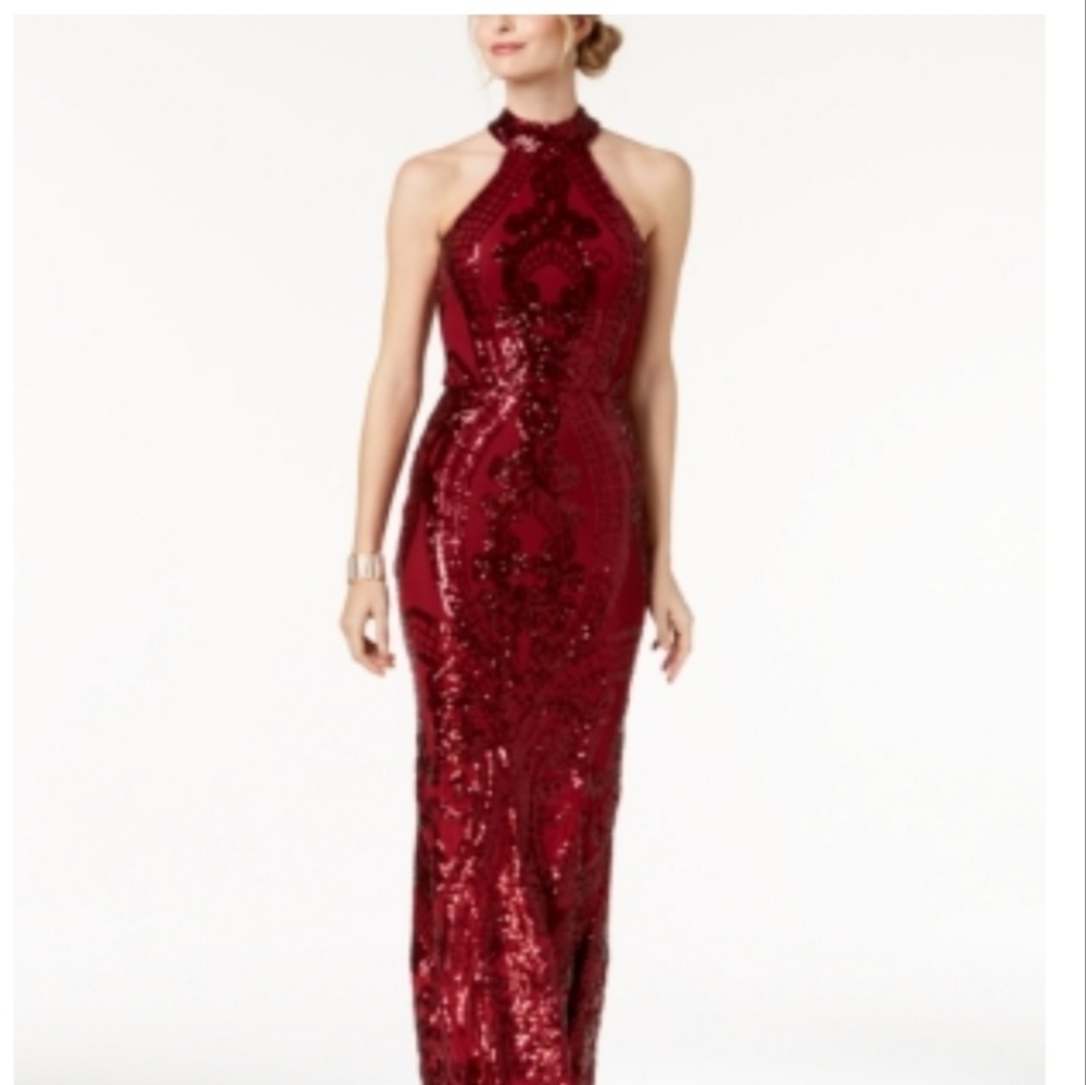 Red Sequence Halter Gown